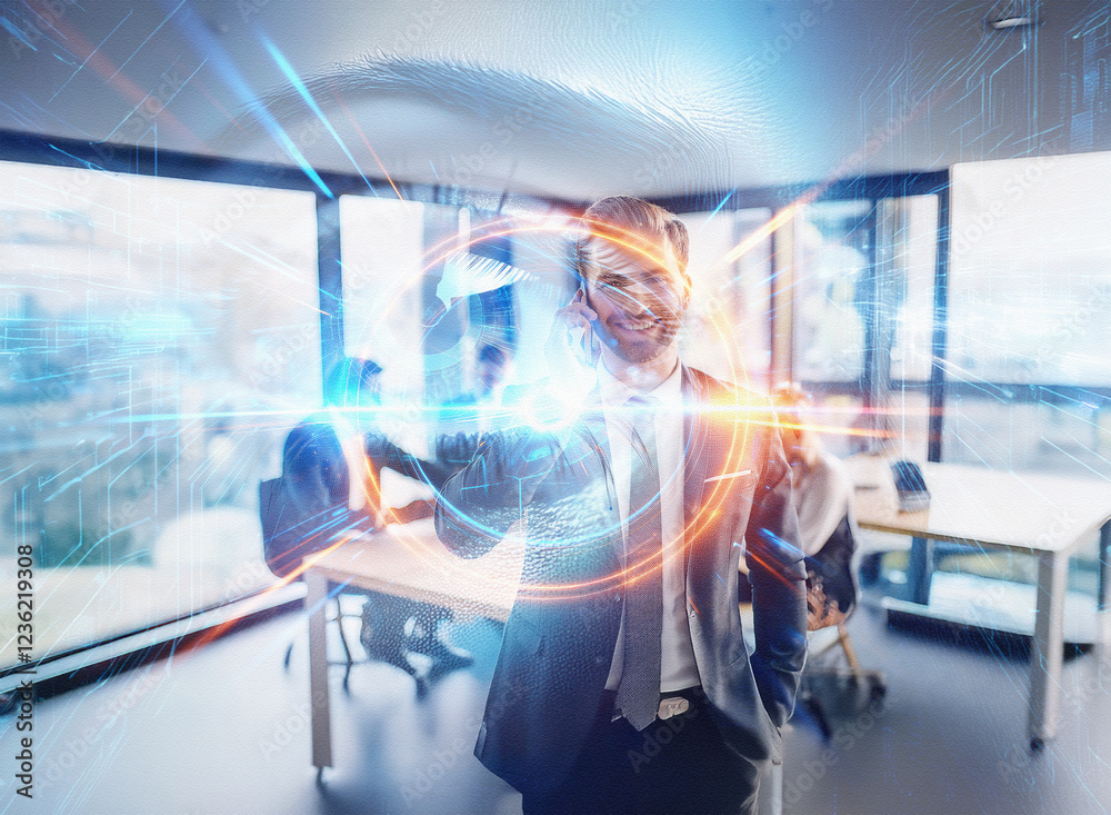Poster Abstract double exposure image. A businessman interacts with a futuristic, sci-fi digital interface in an office background.  The scene is vibrant and energetic.