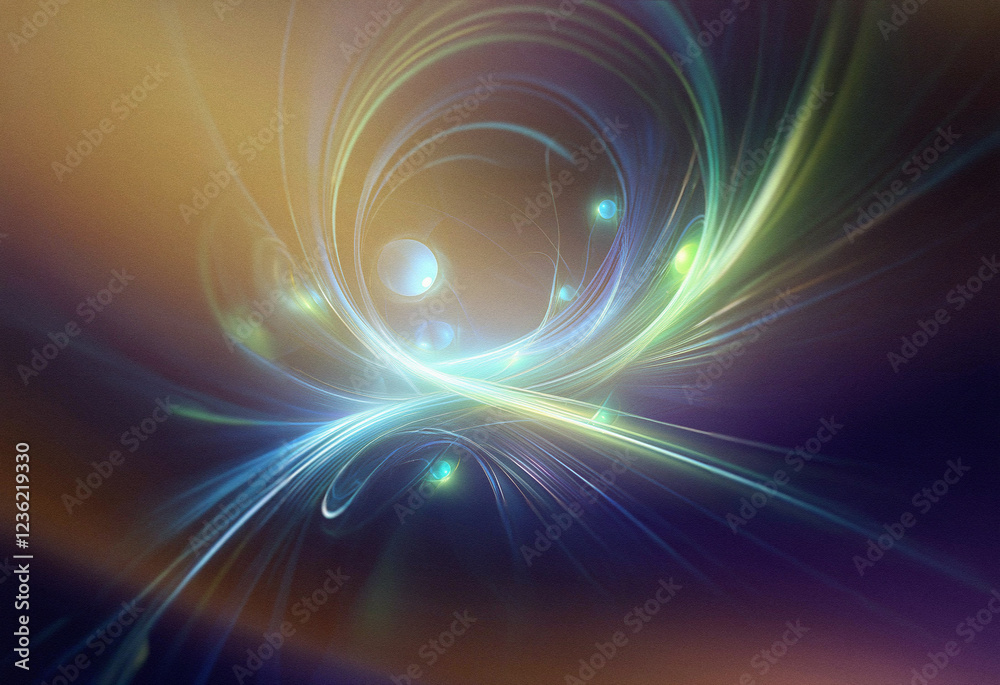 Poster abstract sci-fi double exposure artwork. swirling light trails and glowing orbs create a mesmerizing