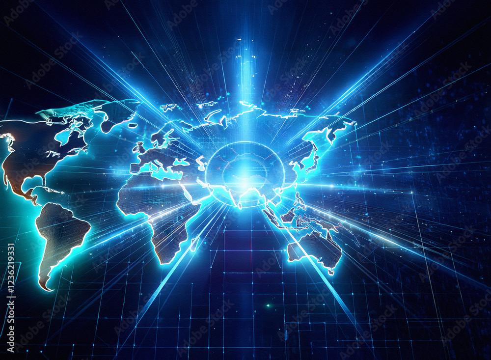 Aufkleber abstract sci-fi double exposure image. glowing blue world map radiates from a central point against 