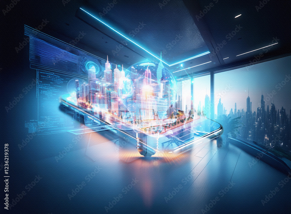 Poster abstract sci-fi double exposure image depicting a futuristic cityscape projected onto a smartphone, 
