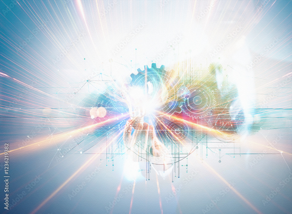 Poster abstract sci-fi double exposure background image featuring vibrant light rays, interconnected gears,