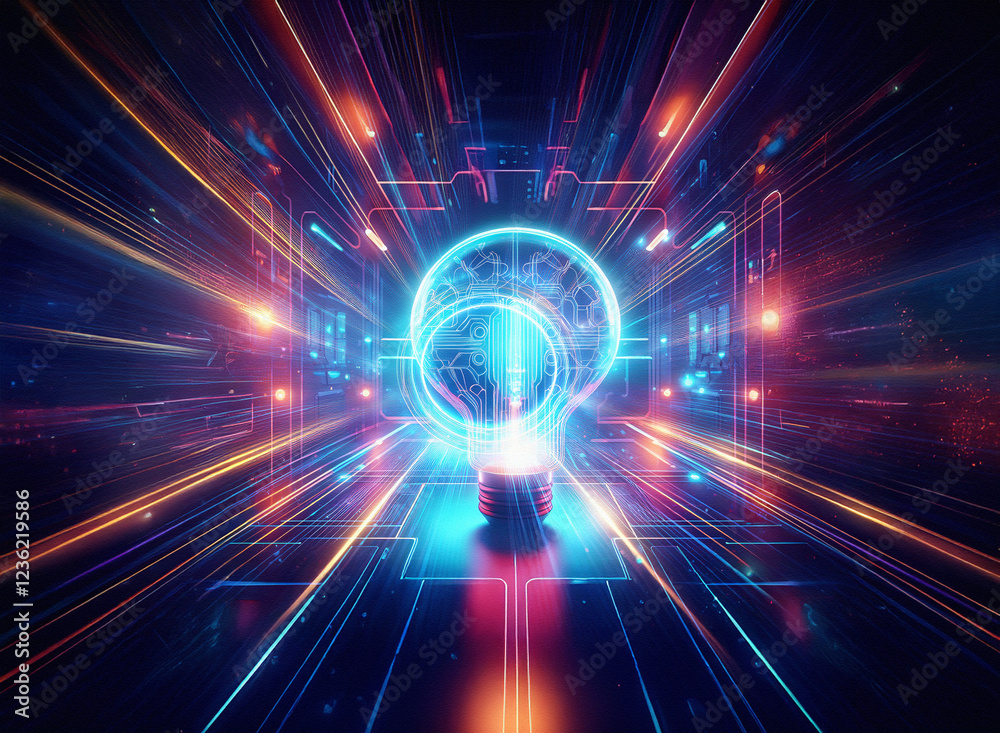 Fototapete abstract sci-fi double exposure image. glowing lightbulb at center, surrounded by vibrant, dynamic e