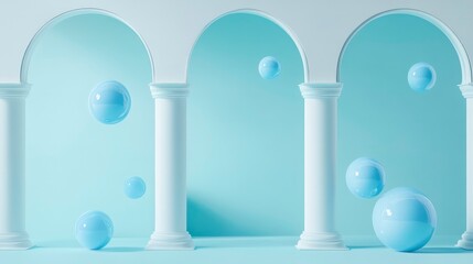 Abstract pastel blue background with floating spheres in classical architecture.