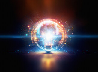 Abstract sci-fi double exposure image of a glowing lightbulb, encircled by vibrant energy, set against a dark background.  Digital particles and lens flares add to the futuristic aesthetic.