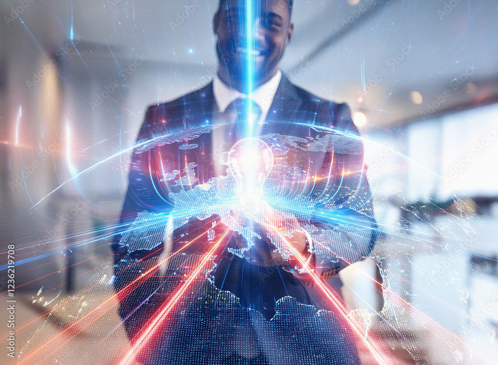 Poster a smiling businessman, in a double exposure abstract image, holds a glowing orb representing a futur