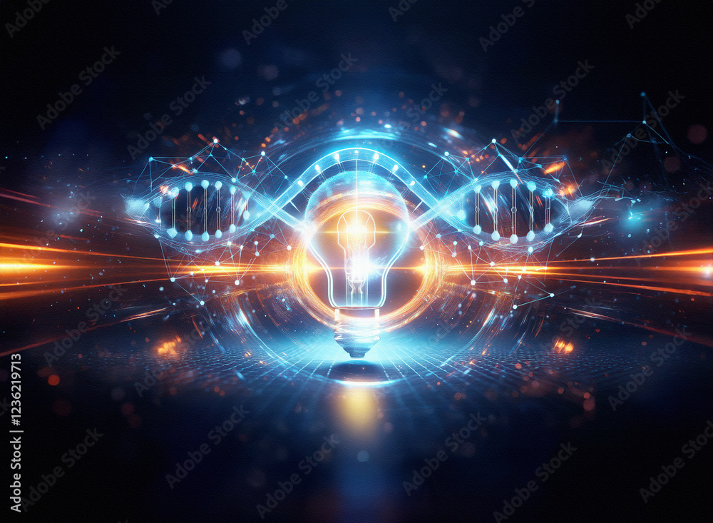 Poster Abstract sci-fi double exposure background image featuring a glowing lightbulb symbol within a DNA helix structure.  Intricate geometric patterns and vibrant orange and blue light effects create a fut