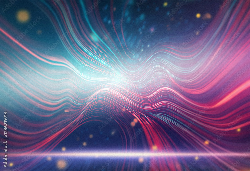 Poster Abstract sci-fi background featuring a double exposure effect.  Wavy, colorful lines radiate from a central light source, creating a dynamic and futuristic feel.  Glowing particles add depth.