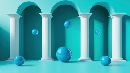Teal room with white columns and floating blue spheres.