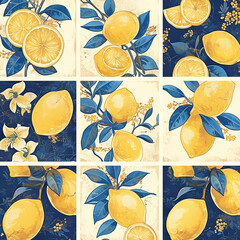 A variety of lemons and blue leaves, arranged in a grid of nine squares. The lemons are depicted in different sizes and positions, with some placed closer to the center of the squares