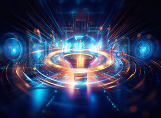 Obraz premium Abstract sci-fi double exposure image. Glowing lightbulb at center, surrounded by futuristic, energy-filled circular structures and vibrant background.