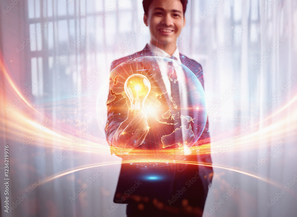 Poster abstract double exposure image depicts a businessman holding a glowing lightbulb, integrated with a 