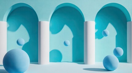 Abstract 3D rendering of blue spheres floating in front of pastel blue archways and white pillars.