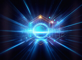 Obraz premium Abstract sci-fi background featuring a double exposure effect. Bright blue and orange light streaks radiate from a central hexagonal core, creating a sense of speed and energy.