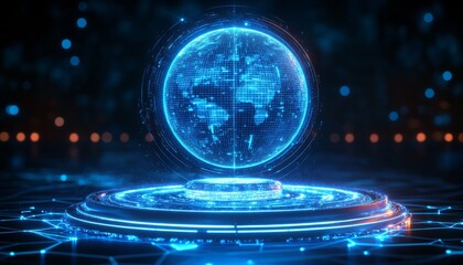 Glowing Digital Earth on Futuristic Pedestal, Surrounded by Hexagon Grid, Cyberpunk Aesthetic