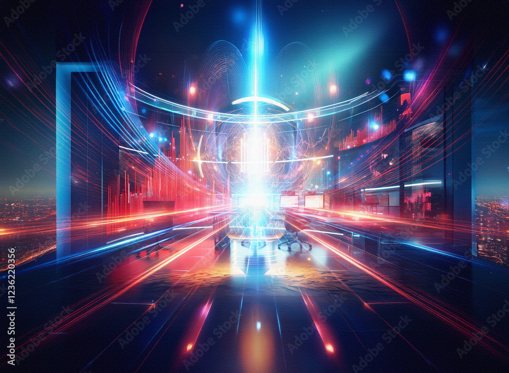 Aufkleber Abstract sci-fi cityscape at night, rendered in vibrant double exposure style.  Dynamic light trails and glowing energy converge at the center, creating a futuristic background.