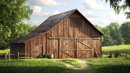 A classic farm barn with large sliding doors and farming tools resting outside, set in a lush green field.