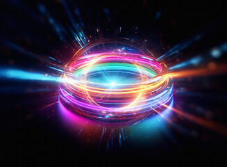 Vibrant, glowing rings of light encircle a central point, creating a dynamic, energy-filled sphere against a dark background.  The multicolored light streaks radiate outward, suggesting motion and pow