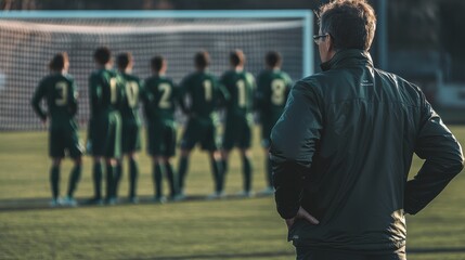 Soccer coach observing players preparing for a free kick during training session on a sunny day, focusing on teamwork and strategy for upcoming match.