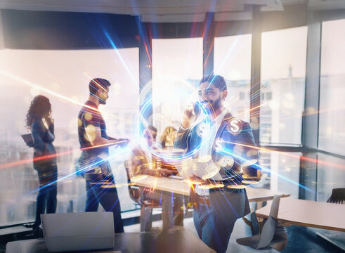 Abstract double exposure image depicting a sci-fi business scene.  A businessman interacts with glowing digital currency symbols against a cityscape background, colleagues blurred in the foreground. - Powered by Adobe