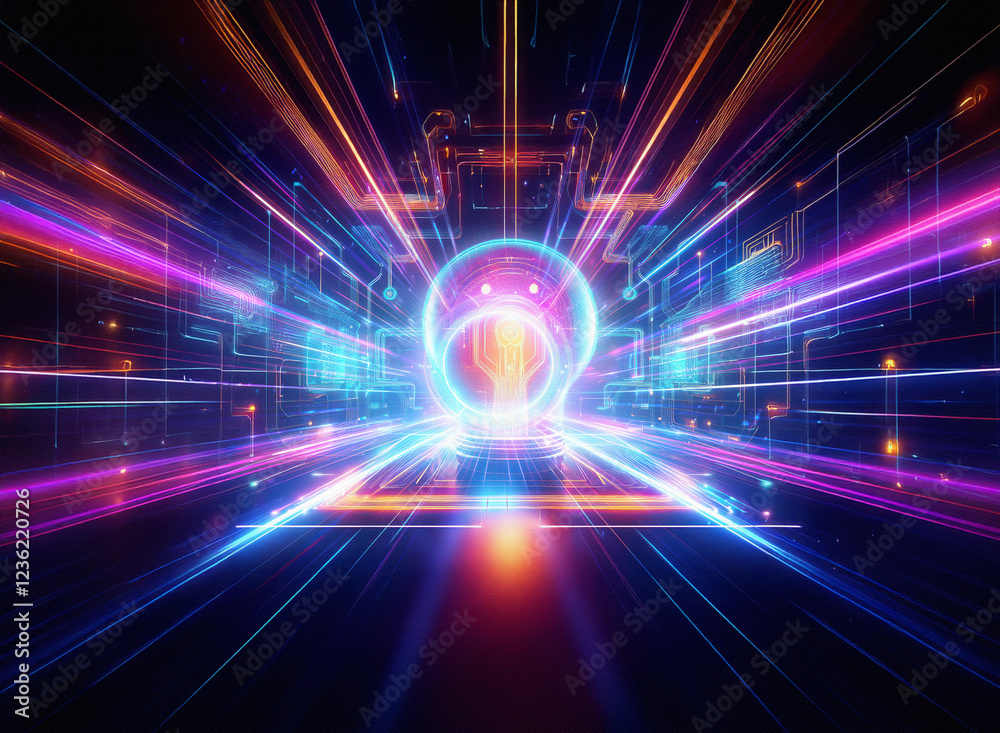 Poster Abstract sci-fi double exposure artwork. Glowing neon lights streak across a dark background, creating a sense of futuristic speed and energy.  A central, glowing element adds a focal point to the com