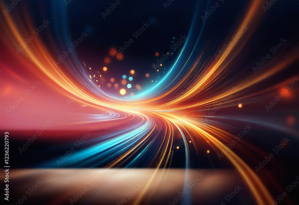 Poster abstract sci-fi background featuring a double exposure of vibrant, swirling light trails. the image 