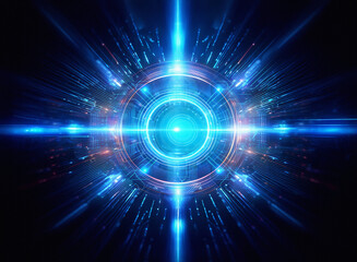 Obraz premium Abstract sci-fi background featuring a double exposure effect. Glowing blue energy bursts from a central circular device, creating a futuristic and dynamic composition.
