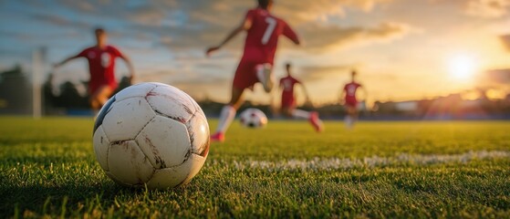 Soccer ball on grass field with players in red jerseys practicing during sunset. Teamwork, sports training, and athletic competition focused on gameplay.