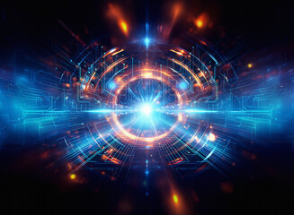 Obraz premium Abstract sci-fi double exposure background. Glowing energy streams converge at a central point, creating a mesmerizing, futuristic scene. Intricate circuitry and vibrant colors dominate the compositi