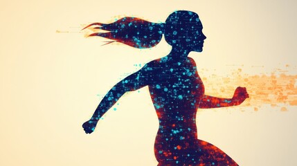 Fototapeta premium depiction of a glowing cosmic silhouette of a sporty active female figure in dynamic motion with vibrant splashes of color and energy against a galactic backdrop