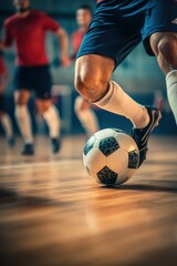 Fototapeta premium Soccer players in action during practice, focusing on footwork and ball control on the indoor field. Team sports, athletic training, and competitive soccer dynamics.