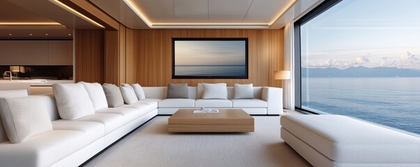 Fototapeta premium Elegant and serene lounge area onboard a luxurious cruise ship featuring a contemporary design with comfortable sofas and a panoramic window overlooking the breathtaking ocean scenery