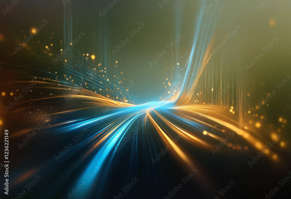 Poster abstract sci-fi double exposure background image featuring vibrant, glowing light trails converging 