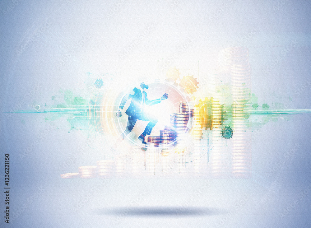 Fototapete abstract sci-fi double exposure image. a silhouetted figure leaps within a vibrant, swirling sphere 