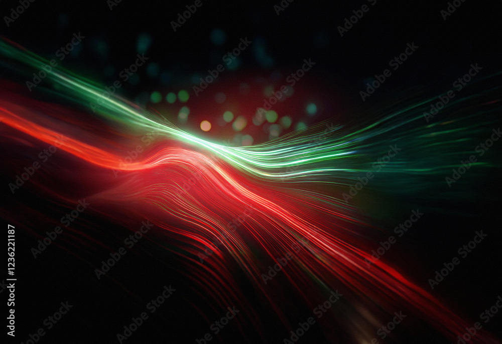 Poster Abstract artwork featuring vibrant red and green light trails against a black background.  The light streaks curve and intersect, creating a dynamic, energetic composition with bokeh effects.
