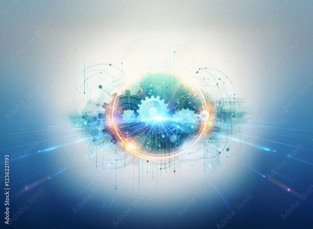 Poster abstract sci-fi double exposure image. glowing gears and circuitry form a futuristic, technological 