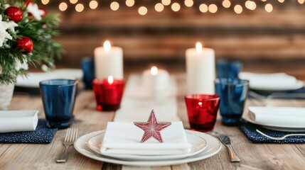 Elegant table setting featuring a star shaped napkin accent lit candles and a cozy festive atmosphere perfect for holiday dining or special occasions