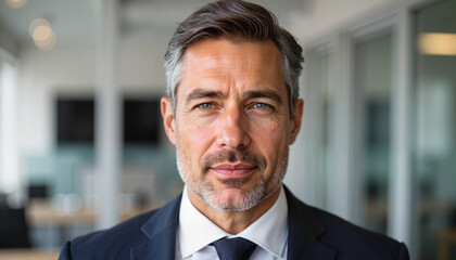 Fototapeta premium Confident middle-aged man in tailored suit, professional office setting