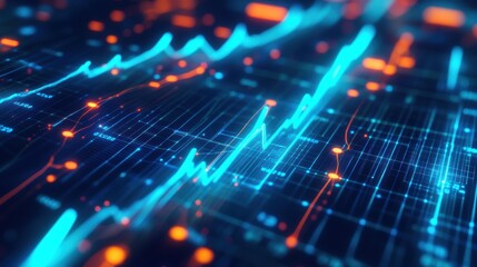 Stock market data visualization with dynamic financial graphs and glowing indicators representing investment trends, economic analysis, and trading strategies.