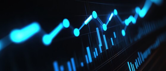 Stock market data visualization with financial graphs, trends, and metrics in blue tones for digital analytics, investment strategies, and economic forecasting.