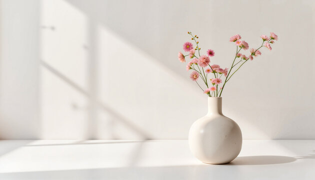 Fototapeta Minimalist ceramic vase with flowers in bright gallery, artistic simplicity