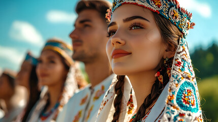 Young Bosnian people in traditional embroidered clothing celebrating outdoors, Bosnia and Herzegovina Independence Day