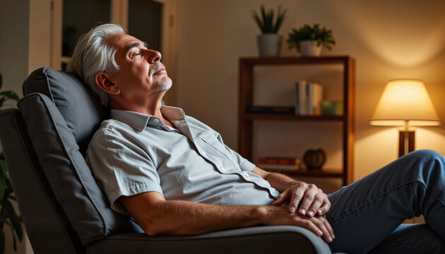 Elderly Hispanic man relaxing in minimalist room, calming stress relief