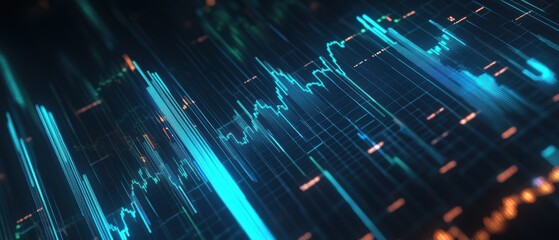 Stock market trends displayed on digital chart with vibrant blue and orange lines, representing data analysis, investments and financial forecasting technology.