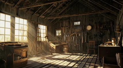 A charming barn interior with vintage farm tools hanging on the walls and warm light streaming through the windows.