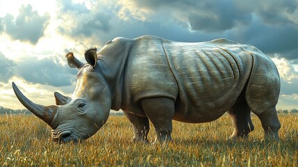 Obraz premium A solitary white rhinoceros grazes in a grassy field