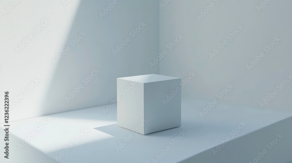 Poster minimalist white cube on a white platform in a sunlit corner.