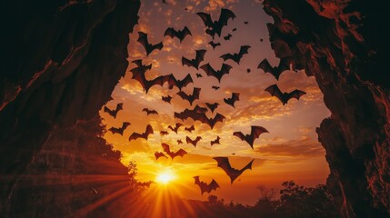 A Swarm of Bats Taking Flight at Sunset from a Cave