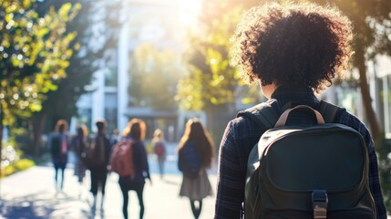 Student walking on campus with a backpack, surrounded by peers in bright sunlight, showcasing college life and the vibrant atmosphere of higher education.