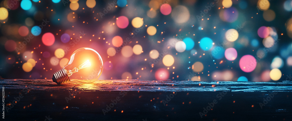 Poster a glowing lightbulb placed on a wooden surface with colorful bokeh lights in the background, symboli