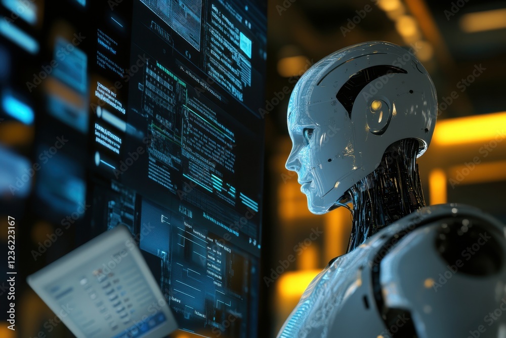 Poster robot interacts with data display in a futuristic environment at night